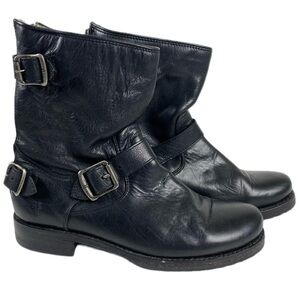 Frye Black Leather Harness Boots Buckle Moto Biker Ankle Boots